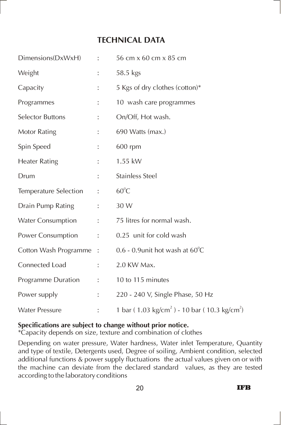 IFB Appliances ELENA manual Technical Data 