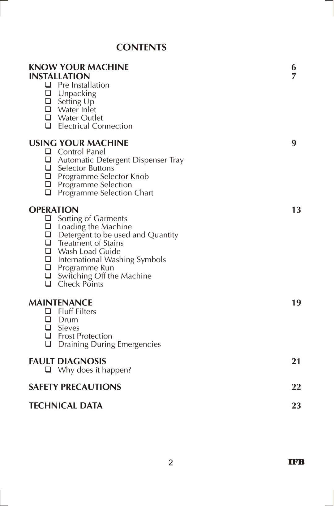 IFB Appliances ELENA manual Contents 