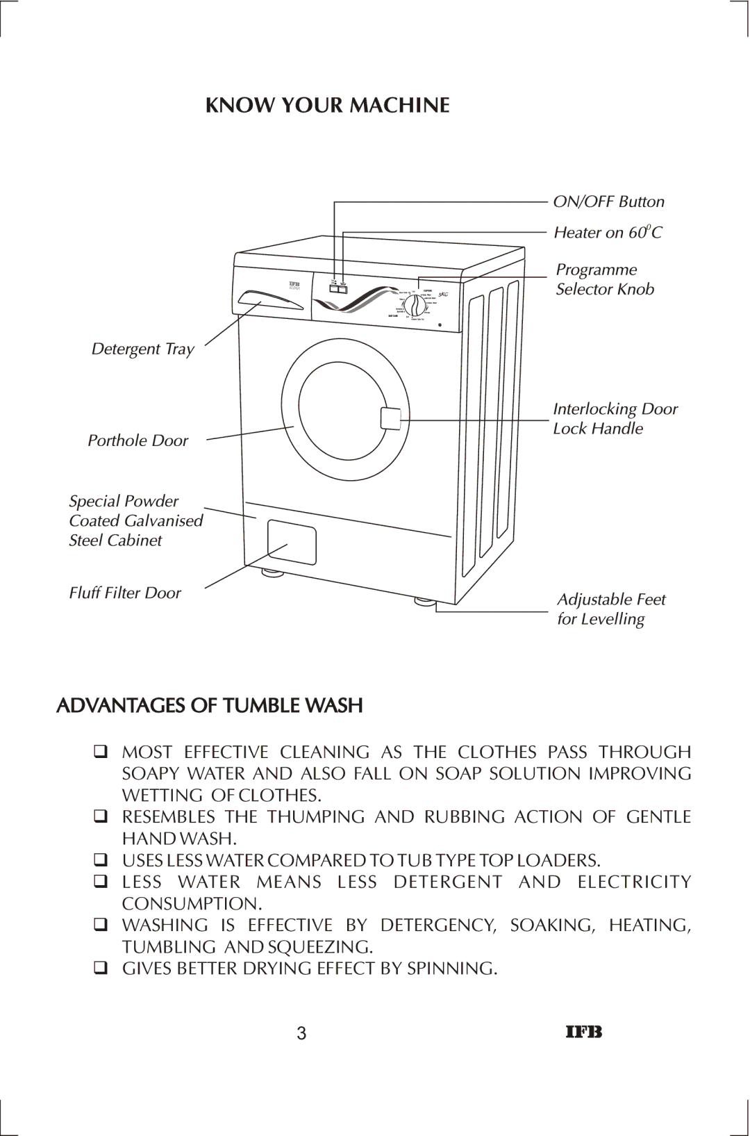 IFB Appliances ELENA manual Know Your Machine, Advantages of Tumble Wash 