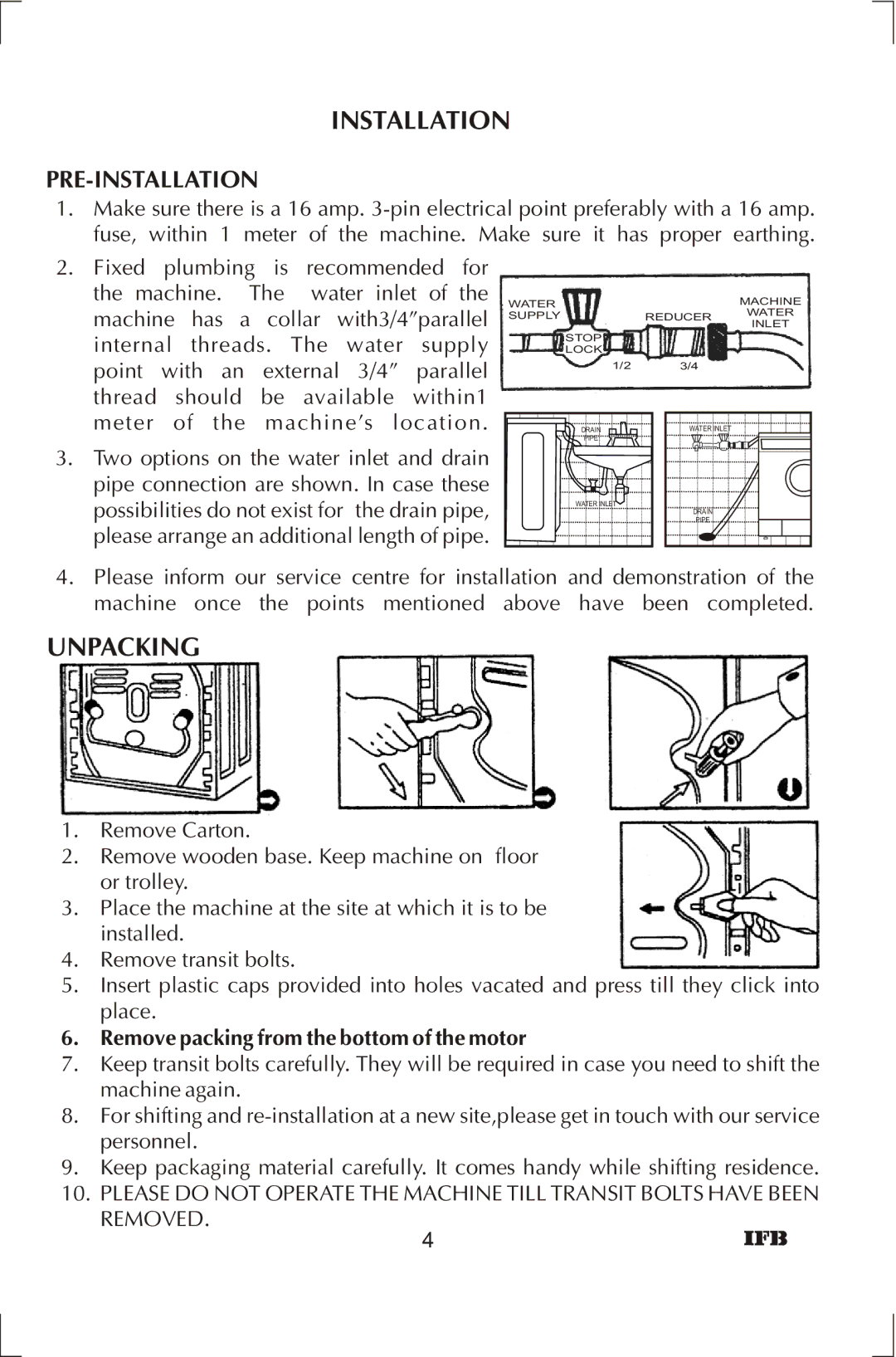 IFB Appliances ELENA manual Unpacking, Pre-Installation 