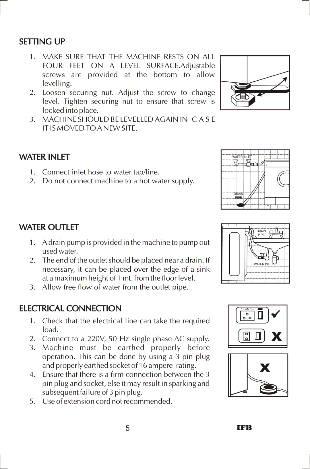 IFB Appliances ELENA manual Water Inlet, Water Outlet, Electrical Connection 