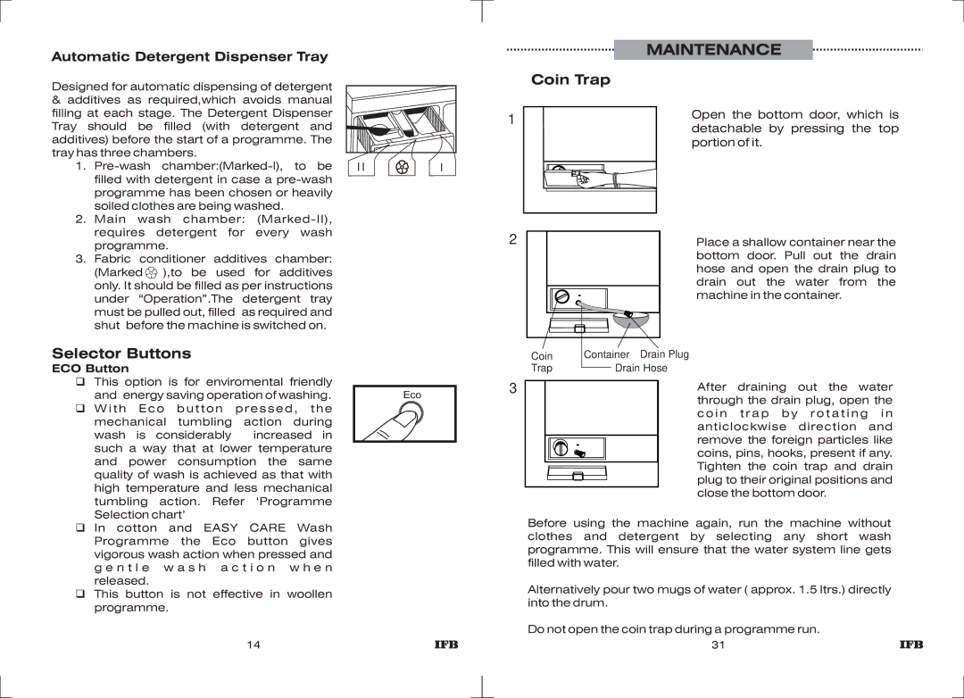 IFB Appliances Elite 5 KG manual Maintenance, Coin Trap, Selector Buttons, ECO Button 
