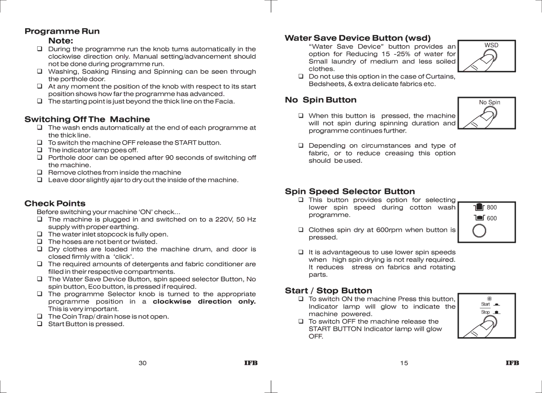IFB Appliances Elite 5 KG manual Programme Run, Switching Off The Machine, Check Points, Water Save Device Button wsd 