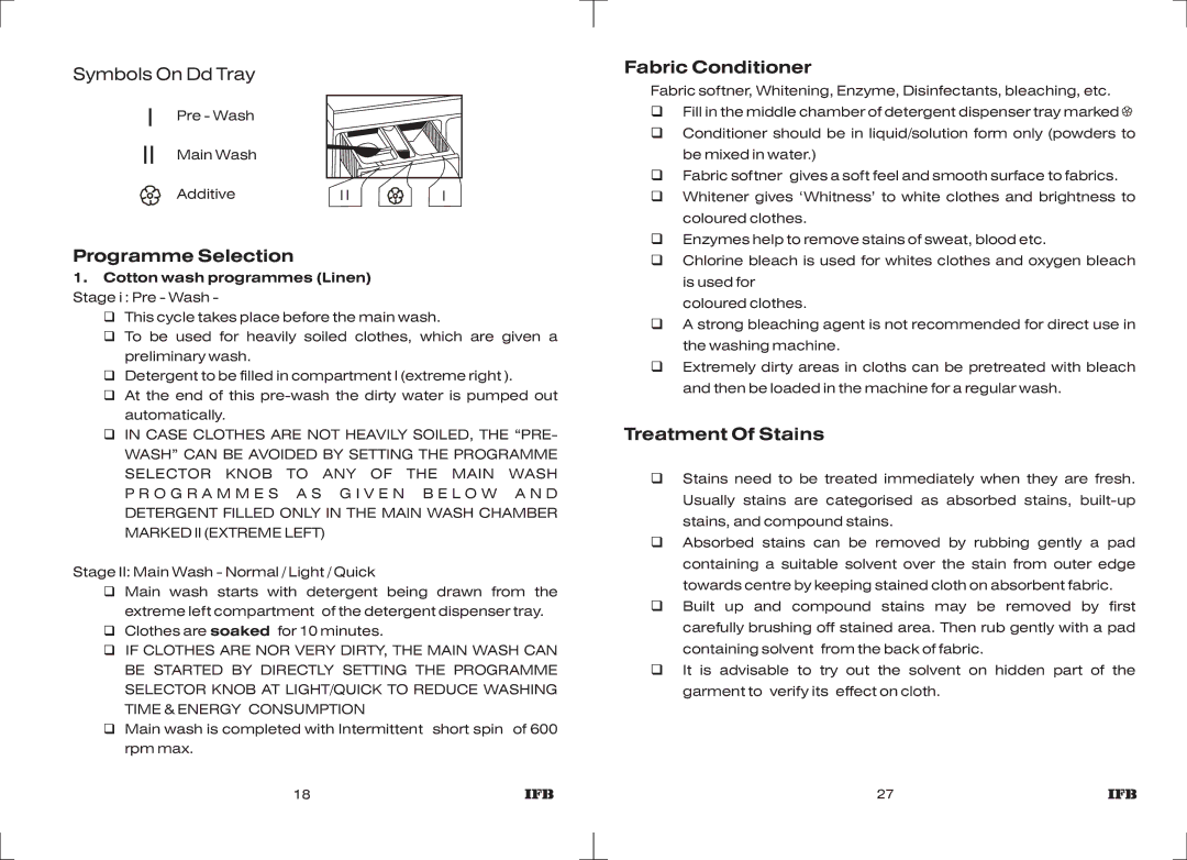 IFB Appliances Elite 5 KG manual Fabric Conditioner, Programme Selection, Treatment Of Stains, Cotton wash programmes Linen 