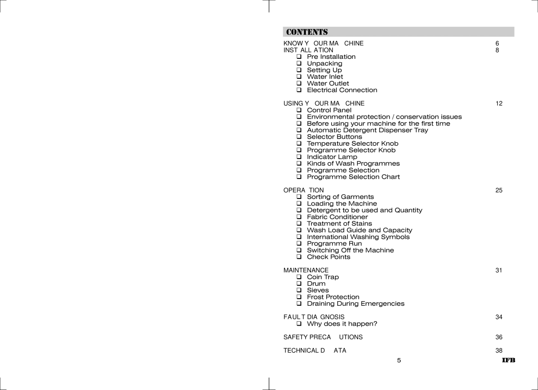 IFB Appliances Elite 5 KG manual Contents 