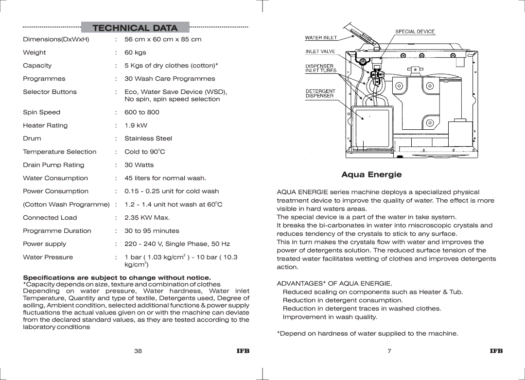 IFB Appliances Elite 5 KG manual Technical Data, Aqua Energie, Specifications are subject to change without notice 