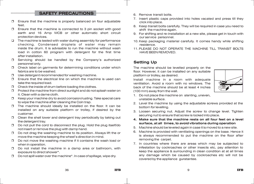 IFB Appliances Elite 5 KG manual Safety Precautions, Setting Up 