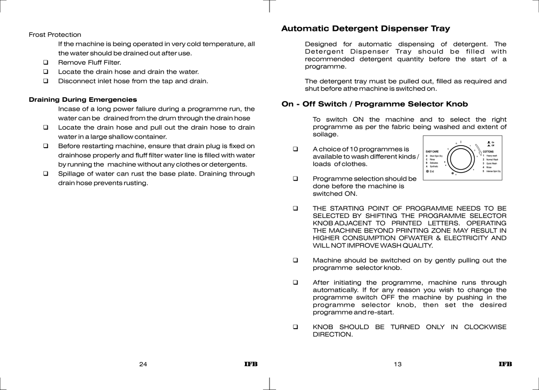 IFB Appliances WT DIV B manual Automatic Detergent Dispenser Tray, Draining During Emergencies 