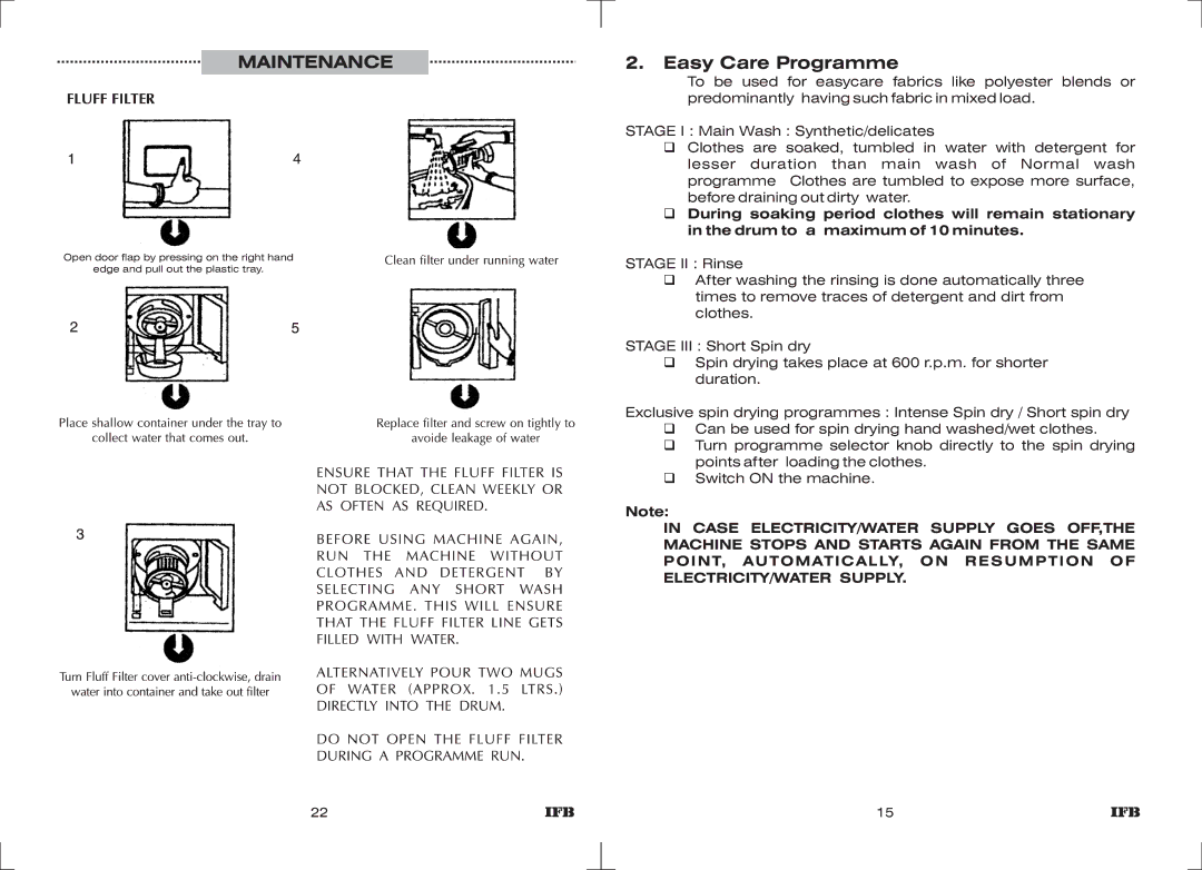 IFB Appliances WT DIV B manual Maintenance, Easy Care Programme 