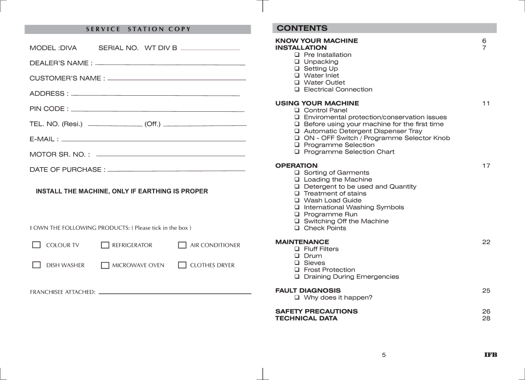 IFB Appliances WT DIV B manual Contents 