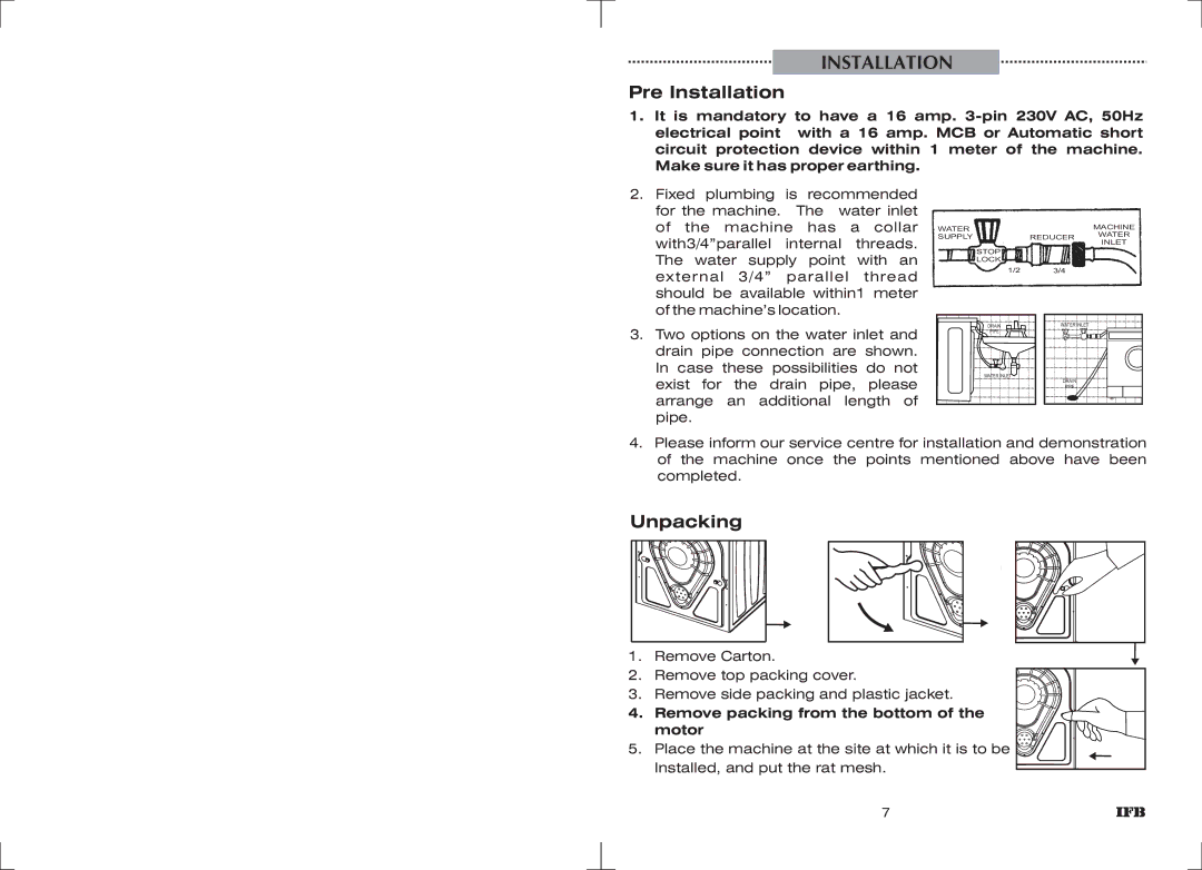 IFB Appliances WT DIV B manual Pre Installation, Unpacking, Remove packing from the bottom Motor 