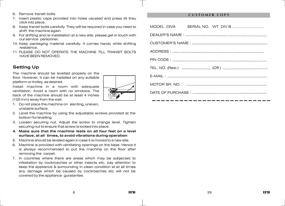 IFB Appliances WT DIV B manual Setting Up 