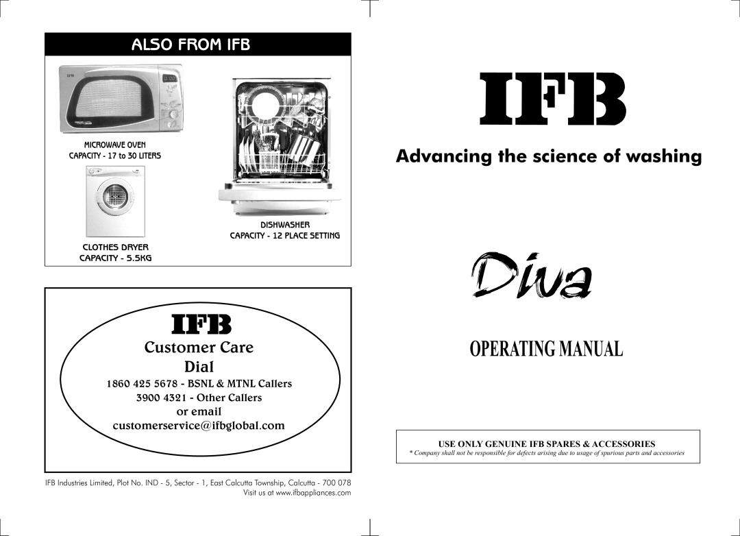 IFB Appliances WT DIV B manual Operating Manual, Advancing the science of washing, Also From Ifb, Customer Care Dial 