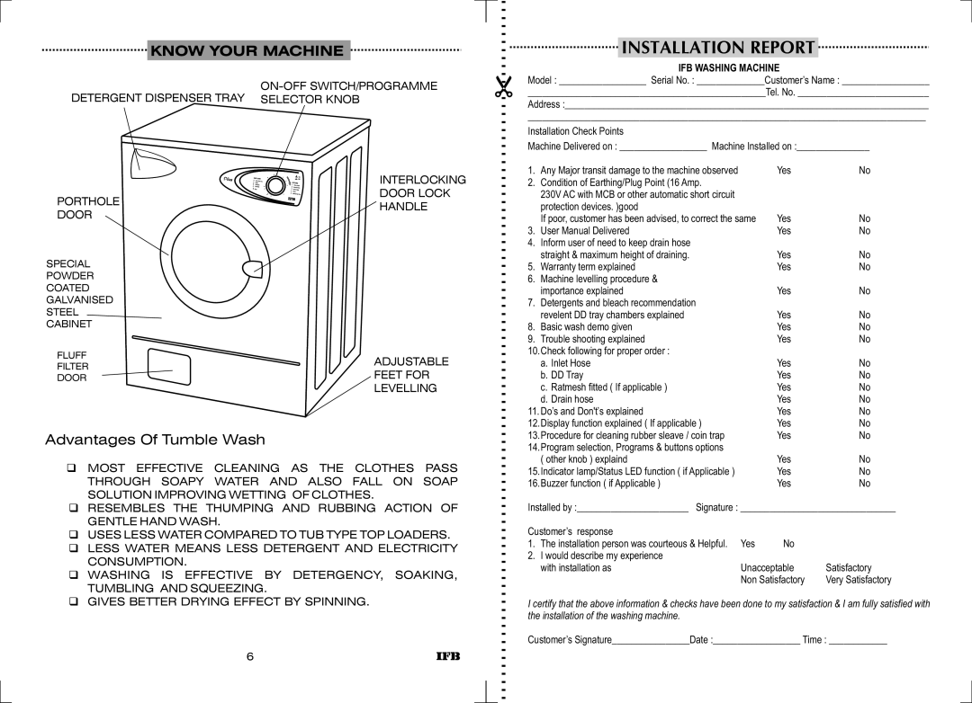 IFB Appliances WT DIV B manual Installation Report, Know Your Machine, Advantages Of Tumble Wash 
