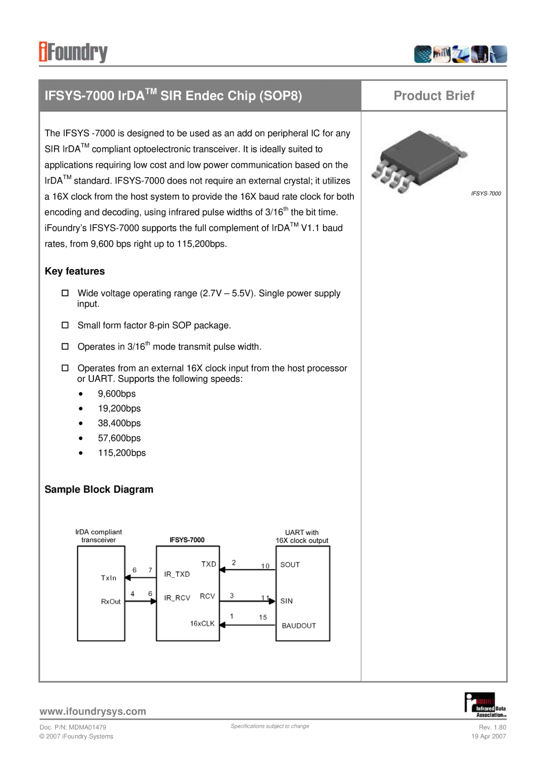 IFoundry Systems IFSYS -7000 specifications IFSYS-7000 IrDATM SIR Endec Chip SOP8, Product Brief, Key features 