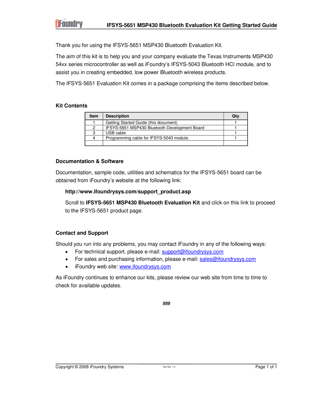 IFoundry Systems IFSYS-5651 MSP430 manual Kit Contents, Documentation & Software, Contact and Support 