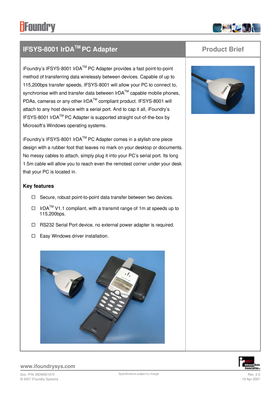 IFoundry Systems specifications IFSYS-8001 IrDATM PC Adapter 