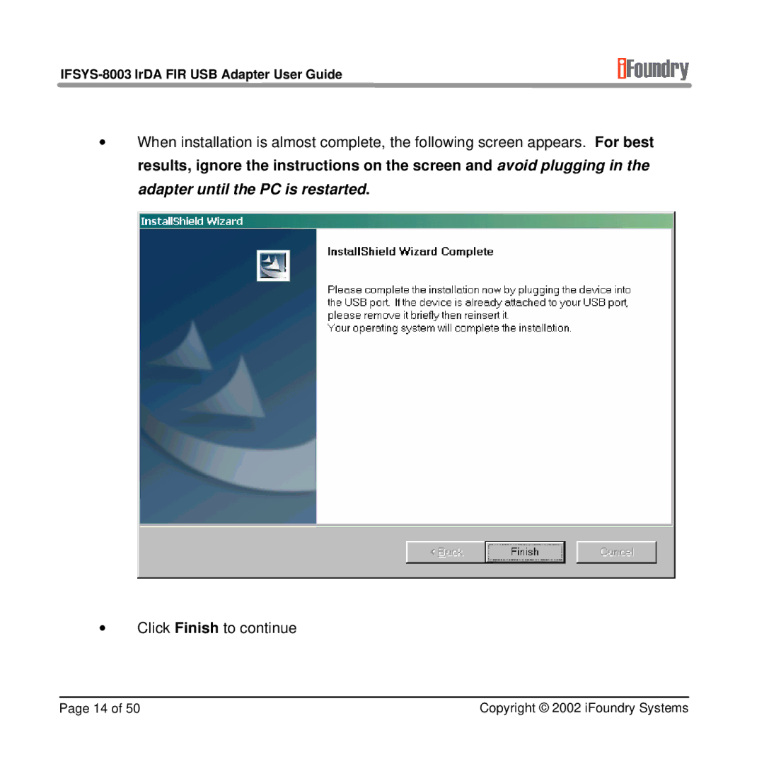 IFoundry Systems manual IFSYS-8003 IrDA FIR USB Adapter User Guide 