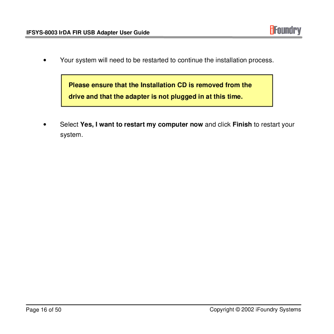 IFoundry Systems manual IFSYS-8003 IrDA FIR USB Adapter User Guide 