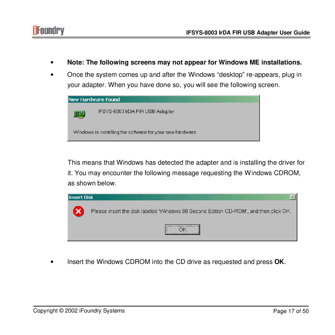 IFoundry Systems manual IFSYS-8003 IrDA FIR USB Adapter User Guide 