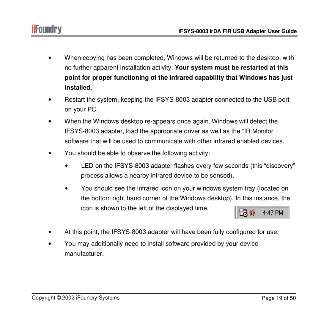 IFoundry Systems manual IFSYS-8003 IrDA FIR USB Adapter User Guide 