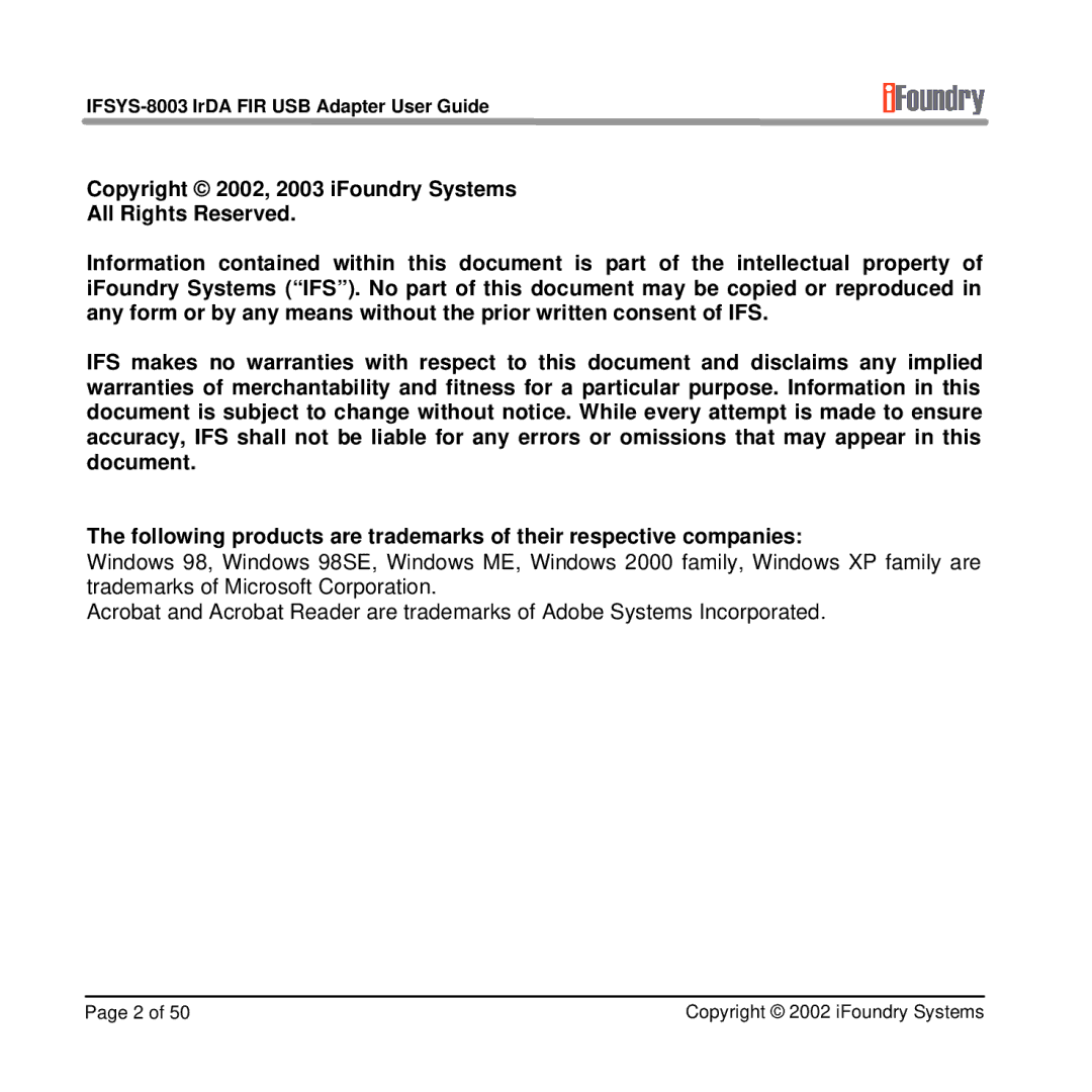 IFoundry Systems manual IFSYS-8003 IrDA FIR USB Adapter User Guide 