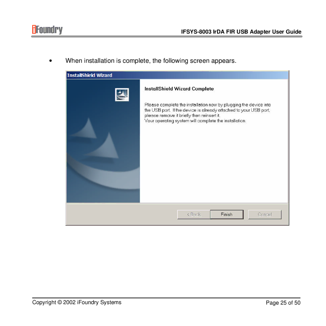 IFoundry Systems manual IFSYS-8003 IrDA FIR USB Adapter User Guide 