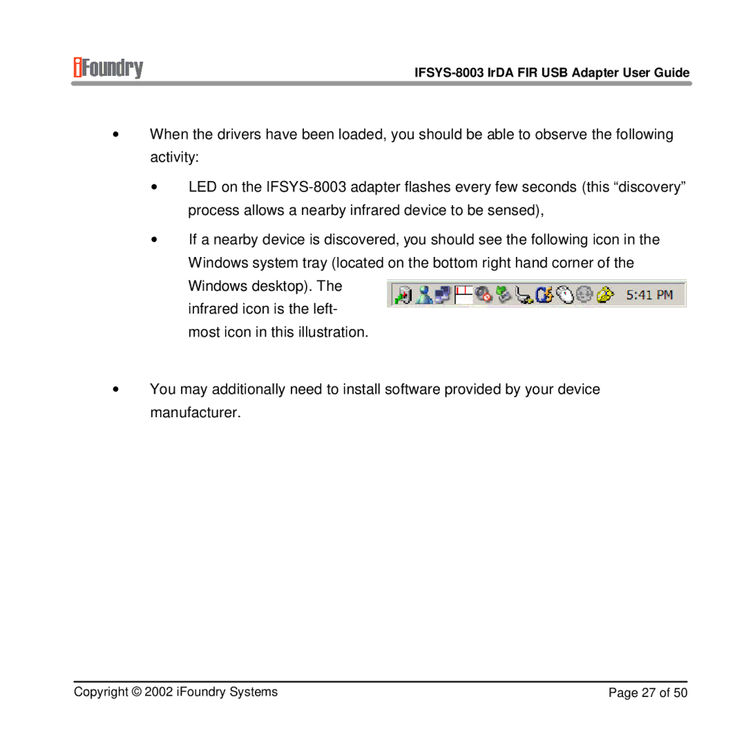 IFoundry Systems manual IFSYS-8003 IrDA FIR USB Adapter User Guide 