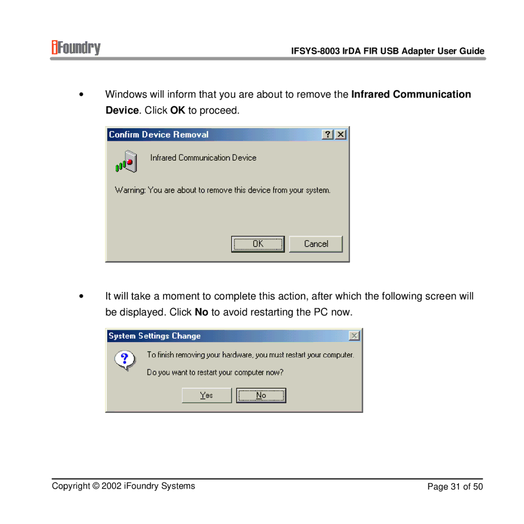 IFoundry Systems manual IFSYS-8003 IrDA FIR USB Adapter User Guide 