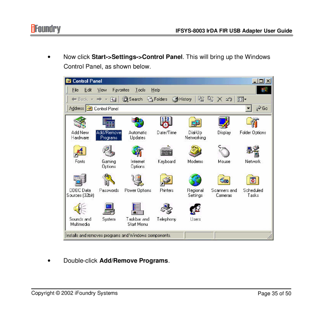 IFoundry Systems IFSYS-8003 manual ∙ Double-clickAdd/Remove Programs 