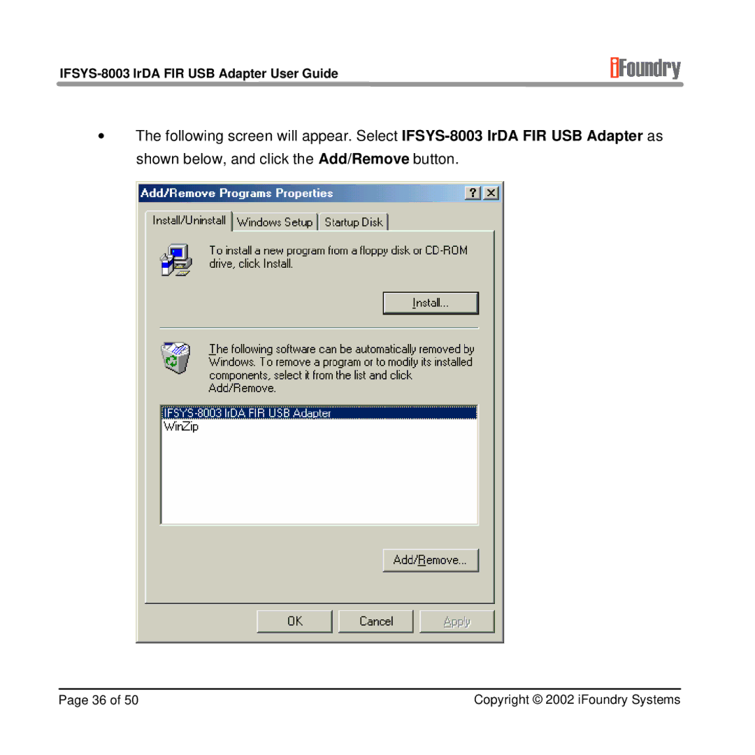 IFoundry Systems manual IFSYS-8003 IrDA FIR USB Adapter User Guide 