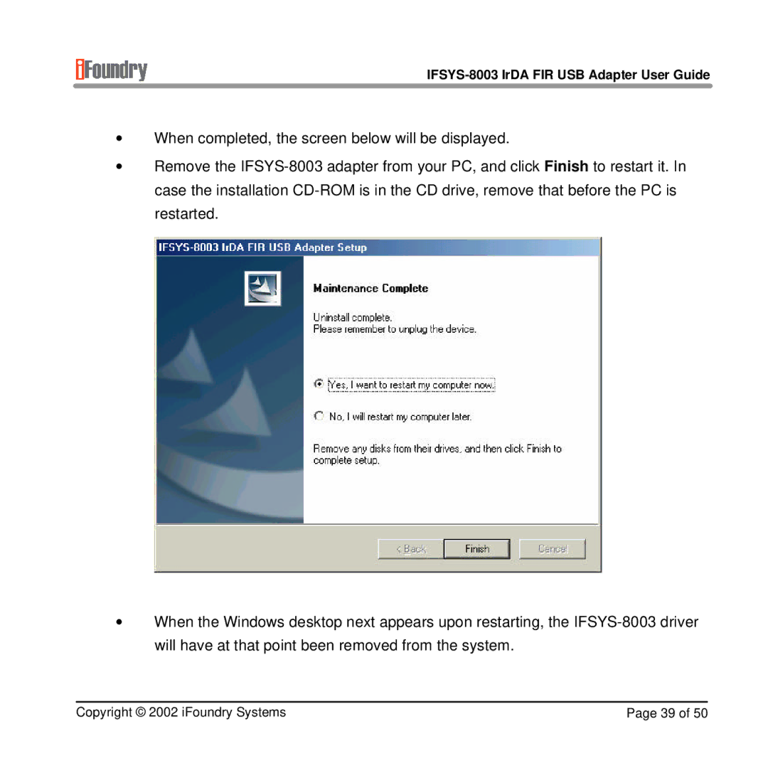 IFoundry Systems manual IFSYS-8003 IrDA FIR USB Adapter User Guide 