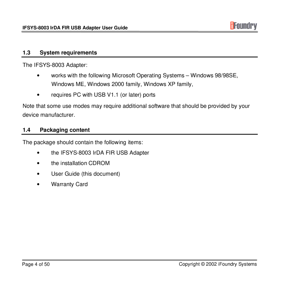 IFoundry Systems IFSYS-8003 manual System requirements, Packaging content 