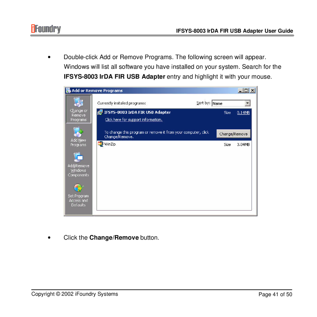 IFoundry Systems manual IFSYS-8003 IrDA FIR USB Adapter User Guide 