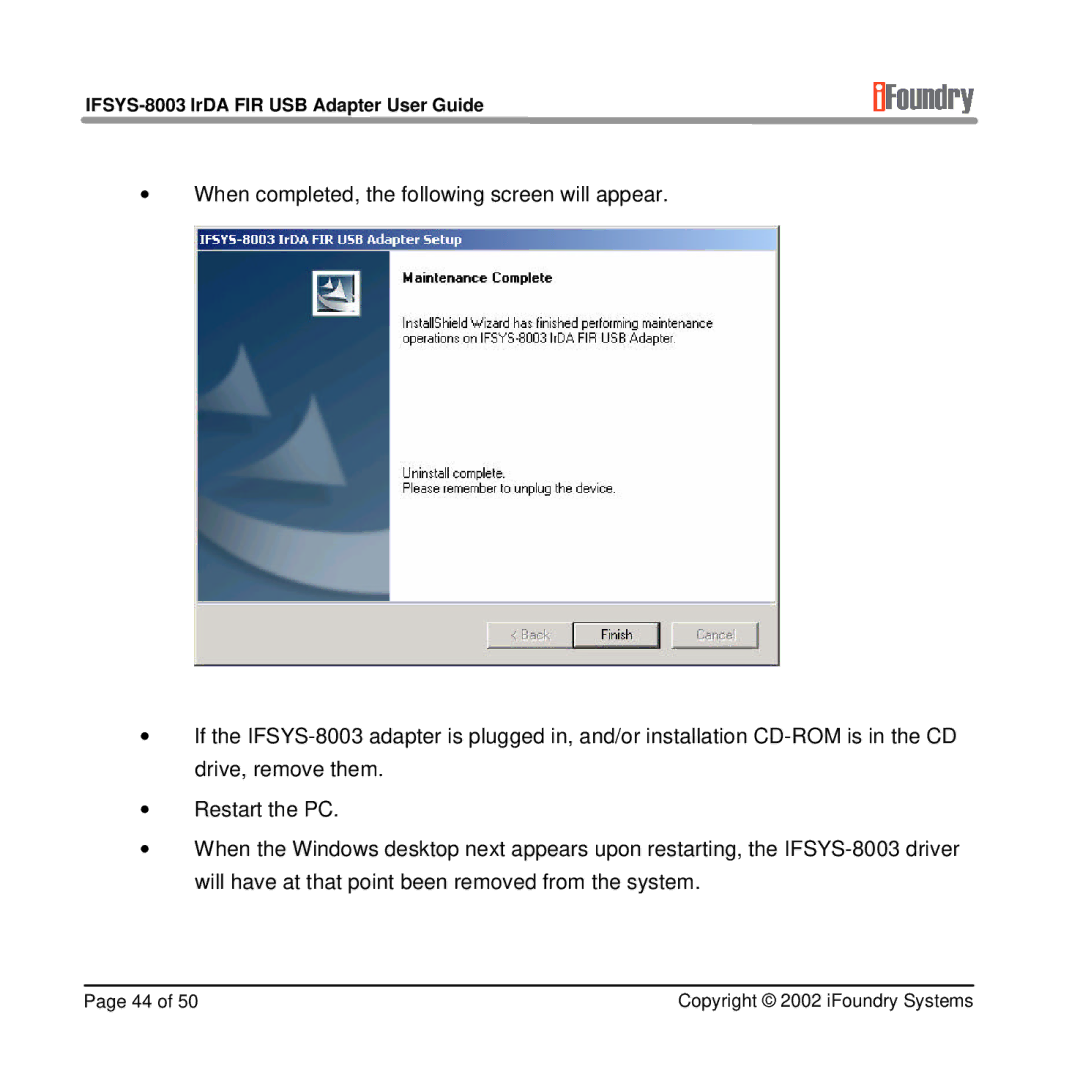 IFoundry Systems manual IFSYS-8003 IrDA FIR USB Adapter User Guide 