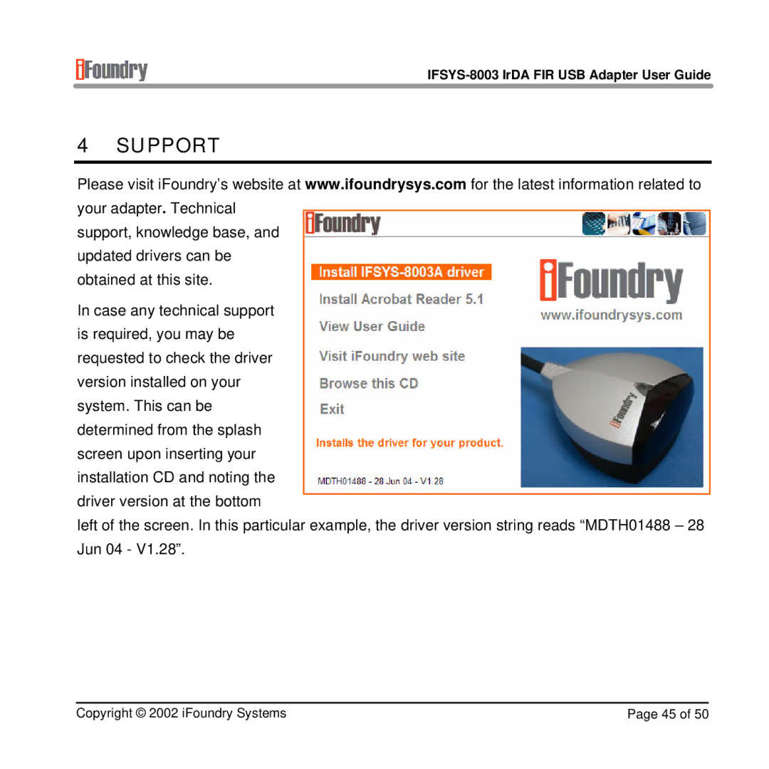 IFoundry Systems IFSYS-8003 manual Support 