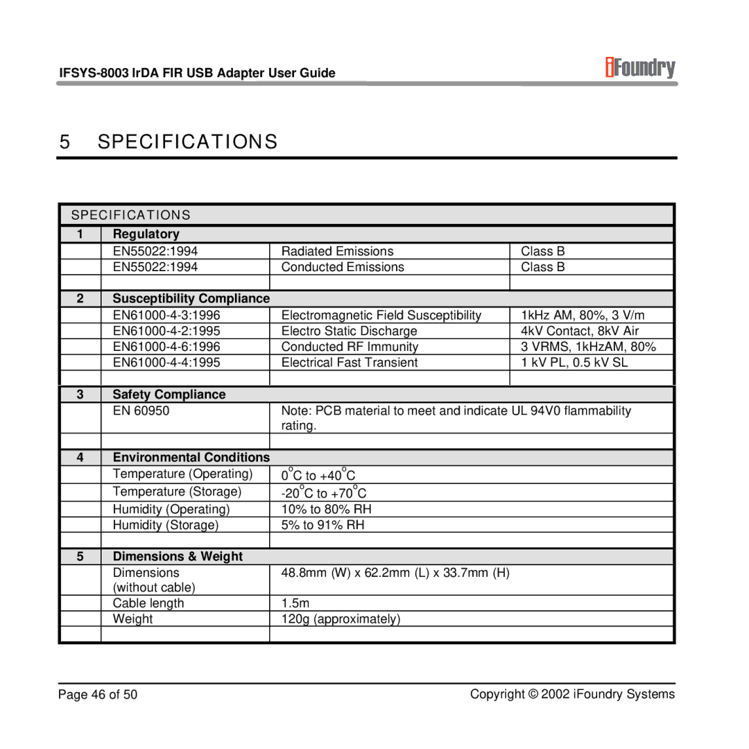 IFoundry Systems IFSYS-8003 manual Specifications 