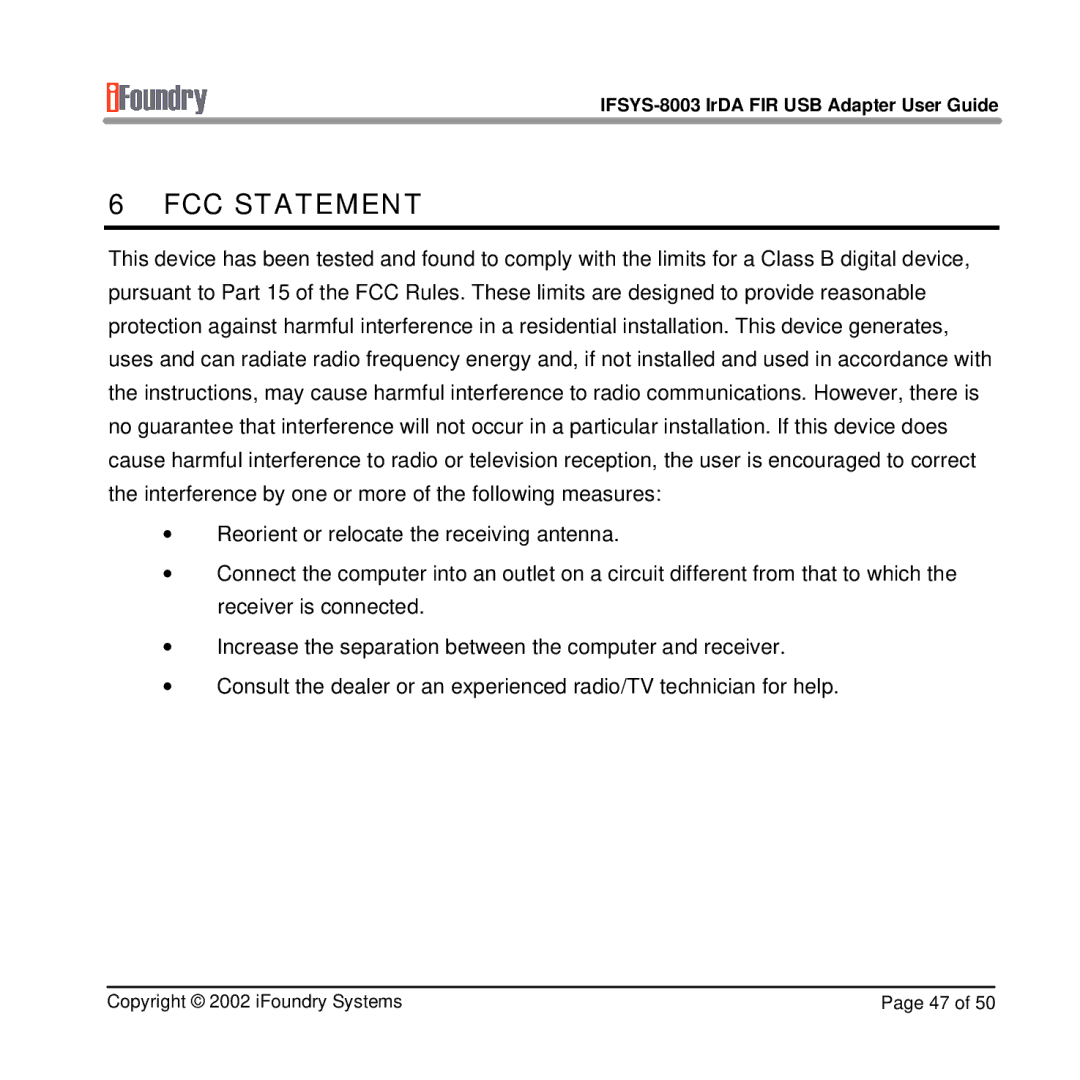 IFoundry Systems IFSYS-8003 manual FCC Statement 