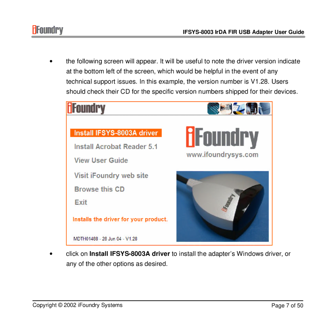 IFoundry Systems manual IFSYS-8003 IrDA FIR USB Adapter User Guide 