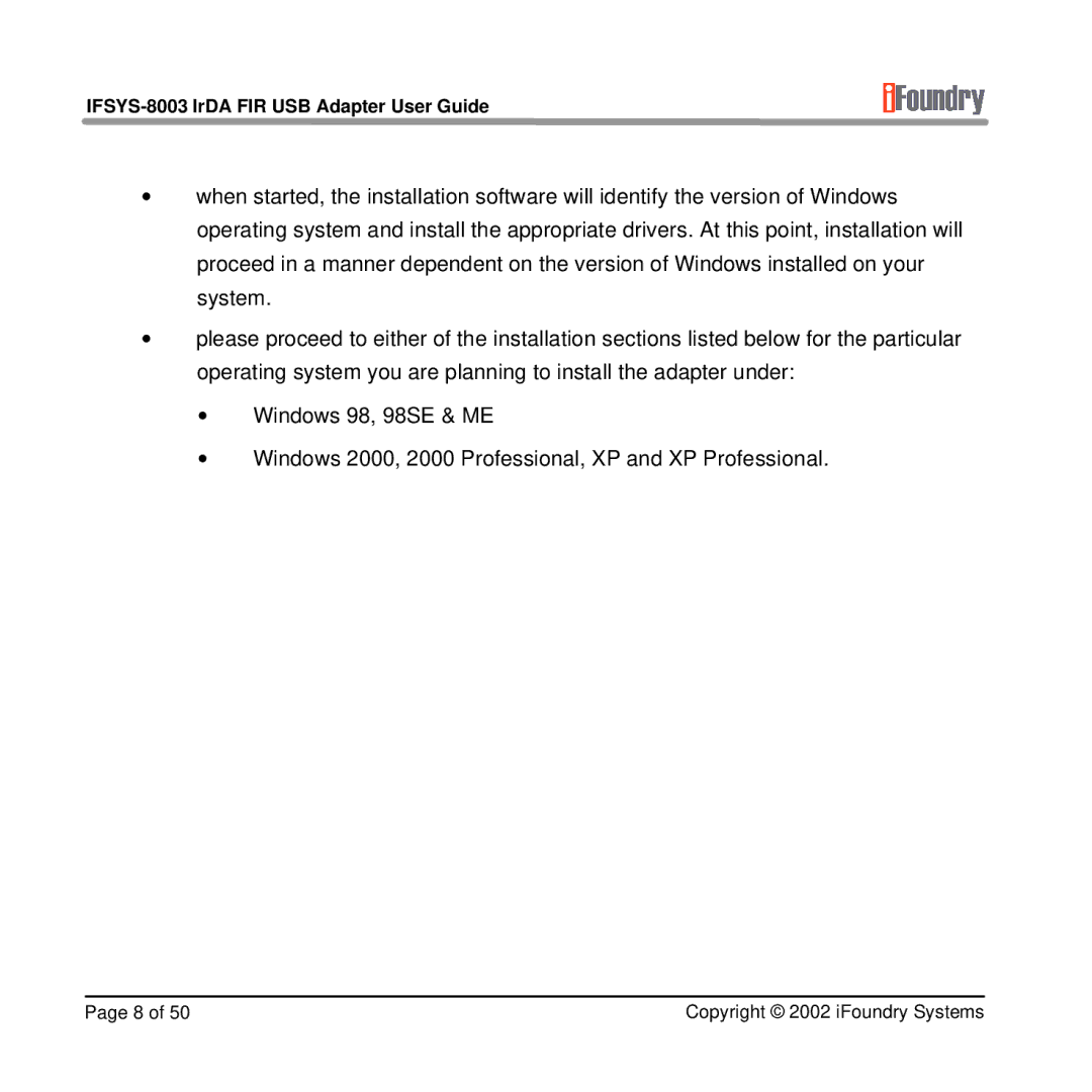 IFoundry Systems manual IFSYS-8003 IrDA FIR USB Adapter User Guide 