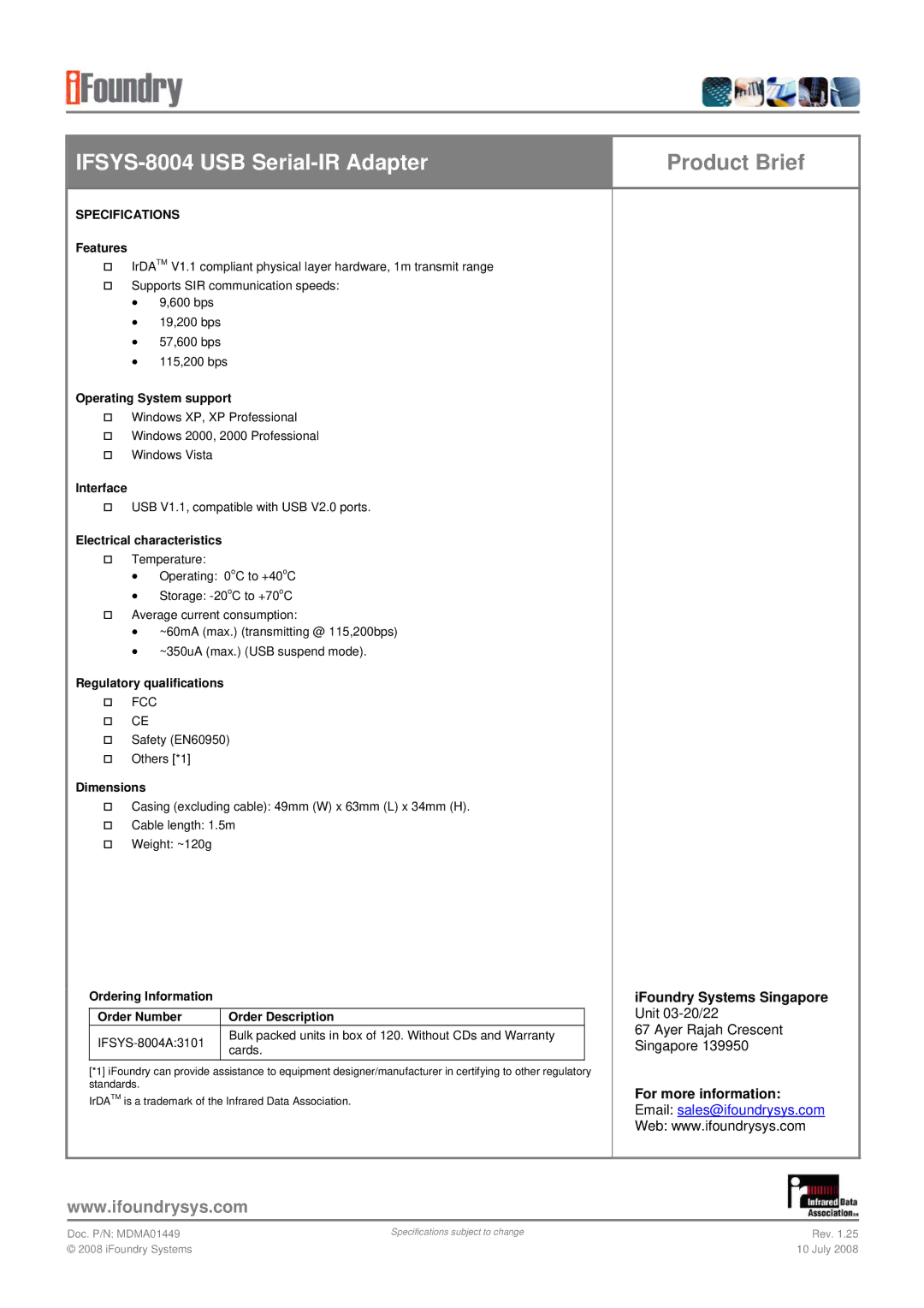 IFoundry Systems IFSYS-8004 specifications IFoundry Systems Singapore, Specifications 