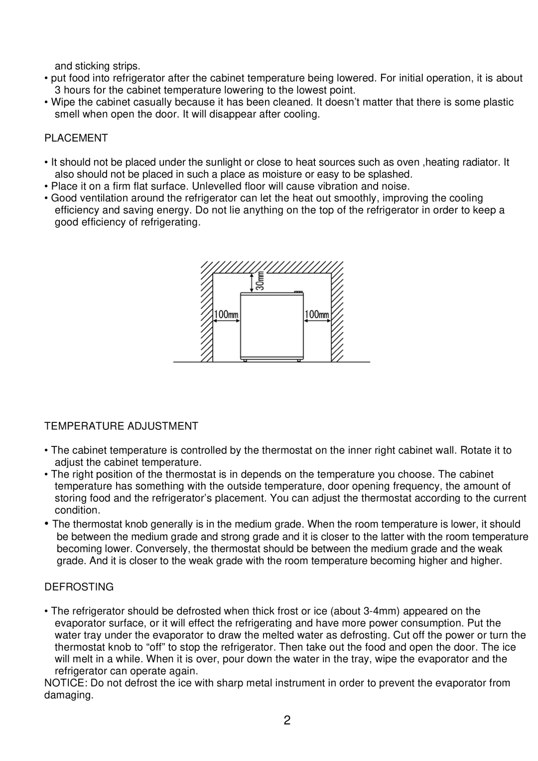 Igloo FR102UK-PINK, FR107UK-WHITE instruction manual Placement, Temperature Adjustment, Defrosting 