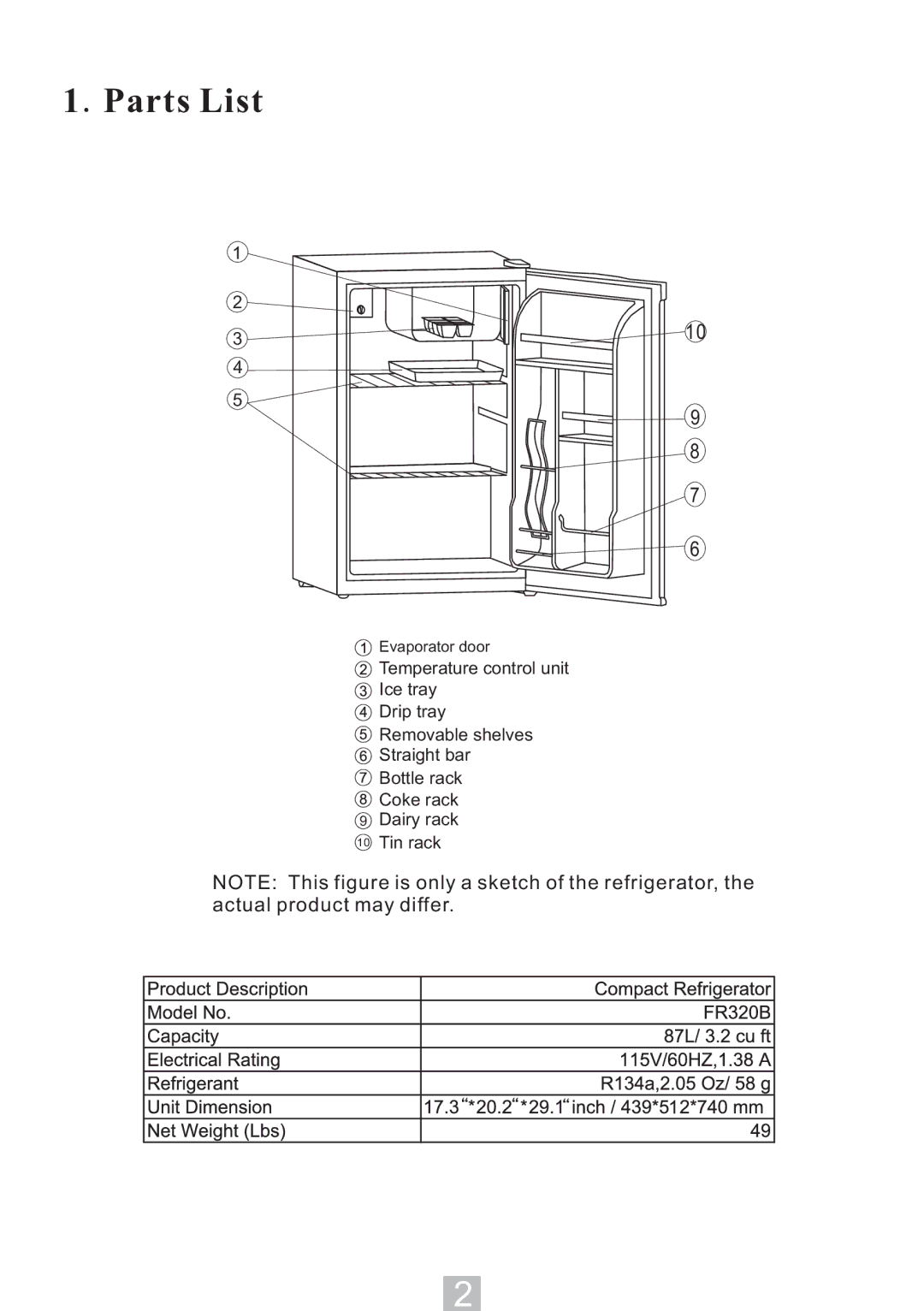 Igloo FR320B manual Parts List 