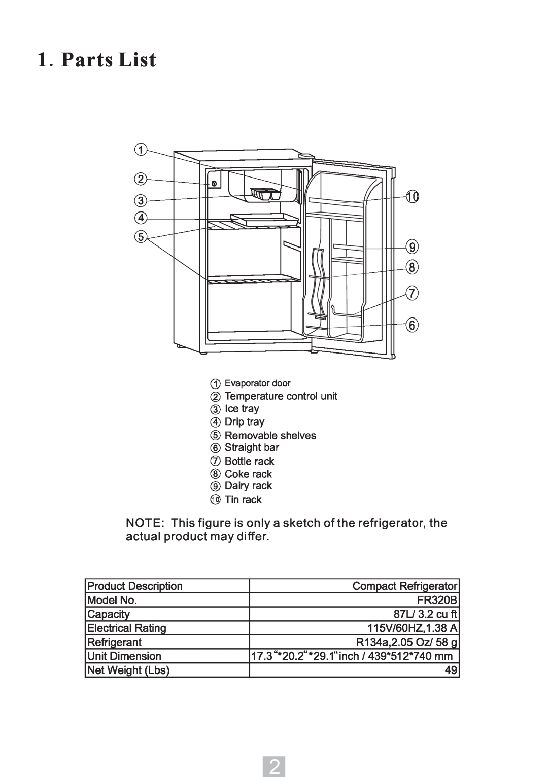 Igloo FR320B Parts List, 10 9 7 6, 1 2 3, Temperature control unit Ice tray Drip tray, Coke rack 9Dairy rack 10Tin rack 