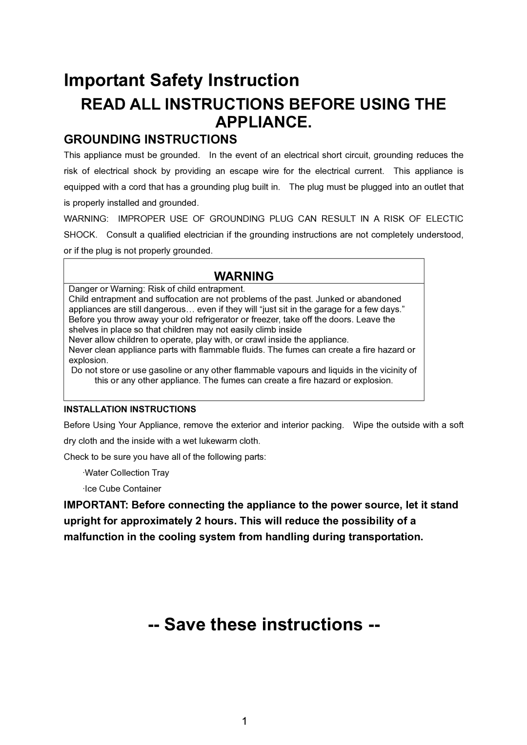 Igloo FR320UK owner manual Grounding Instructions, Installation Instructions 