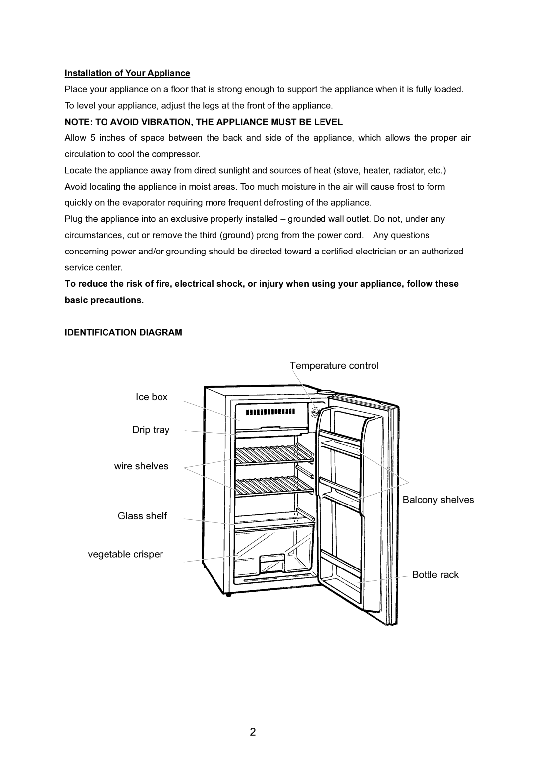 Igloo FR320UK owner manual Installation of Your Appliance, Identification Diagram 