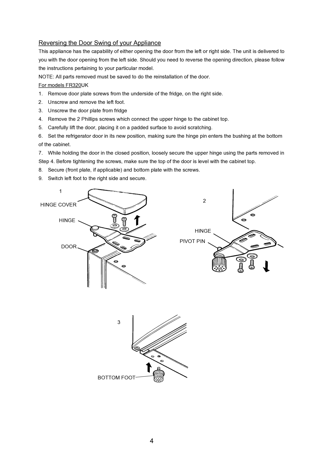 Igloo FR320UK owner manual Reversing the Door Swing of your Appliance 