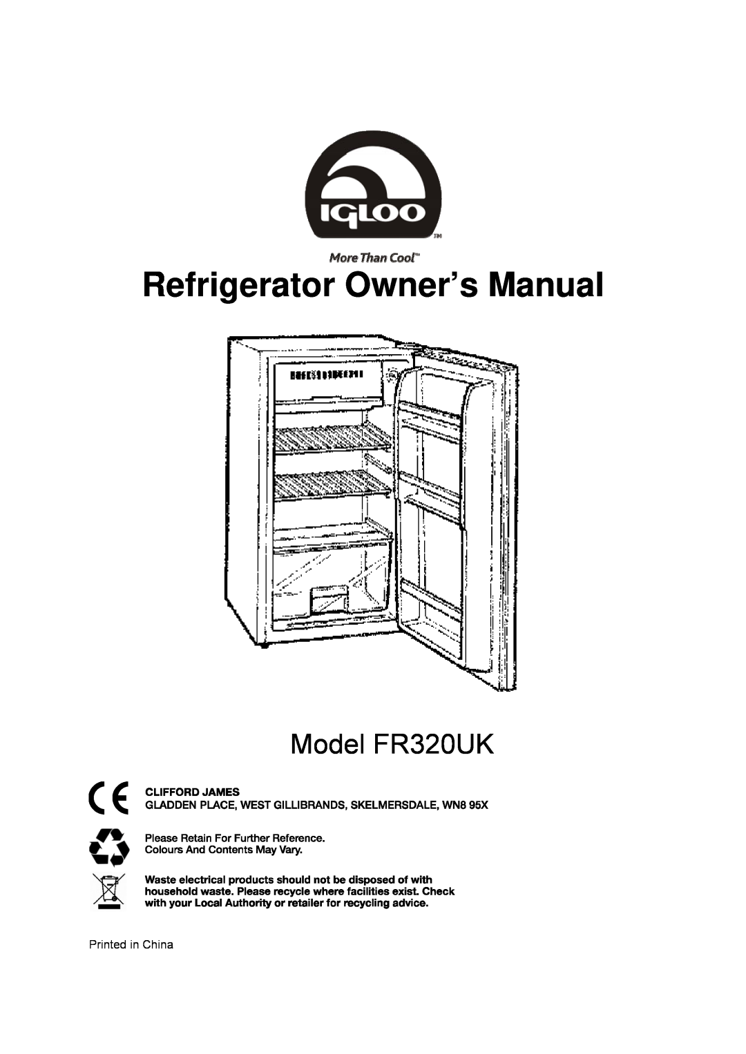Igloo owner manual Model FR320UK 