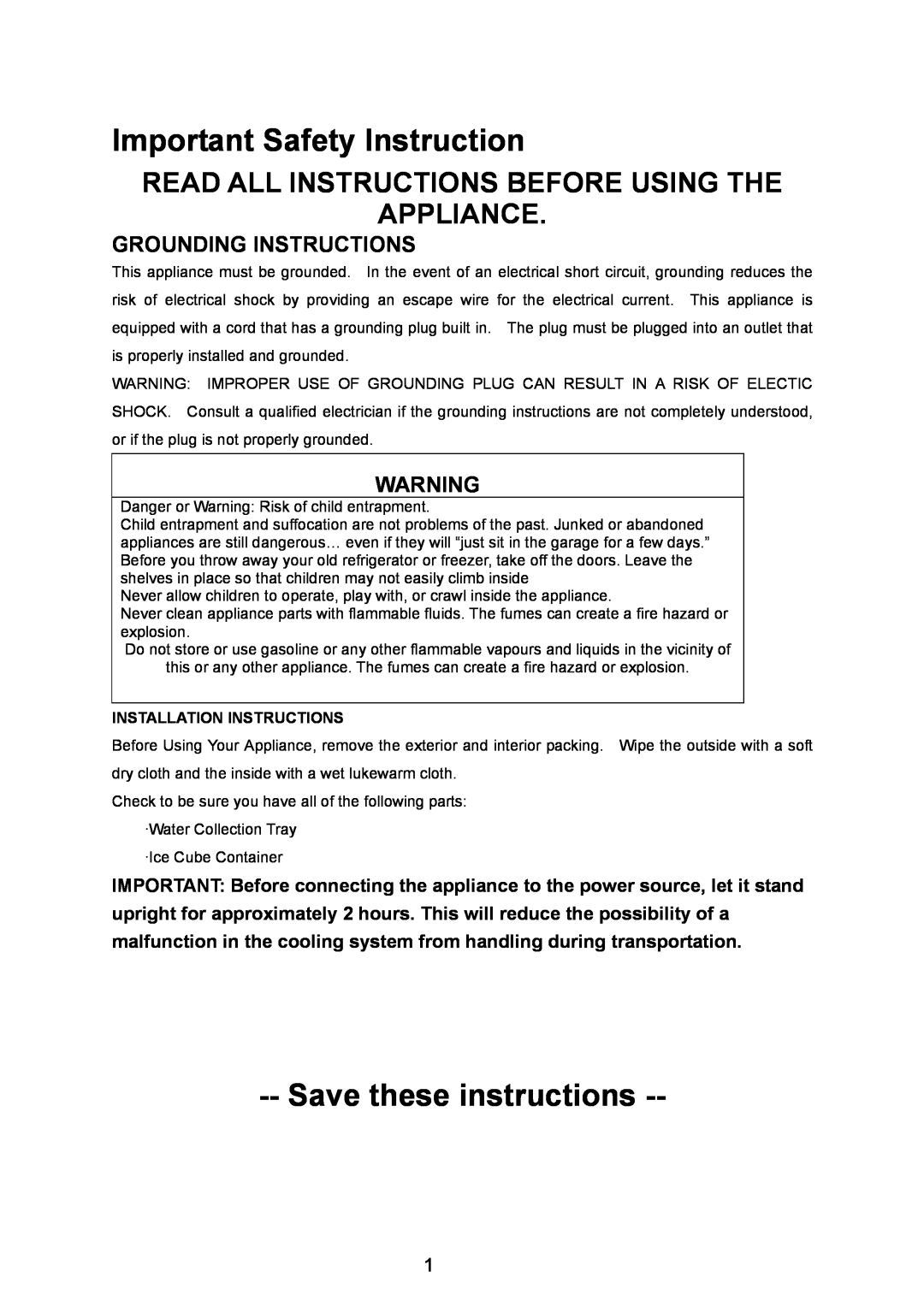 Igloo FR320UK Grounding Instructions, Installation Instructions, Important Safety Instruction, Save these instructions 