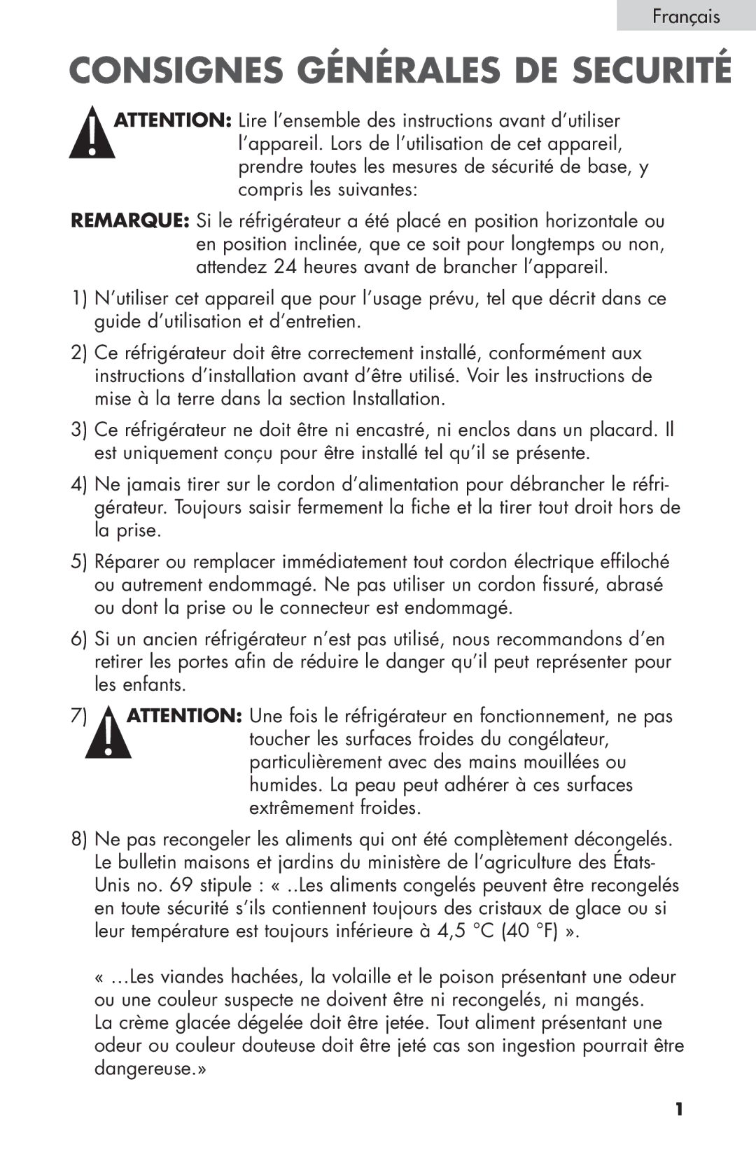 Igloo FR832, FR834B user manual Consignes Générales DE Securité 